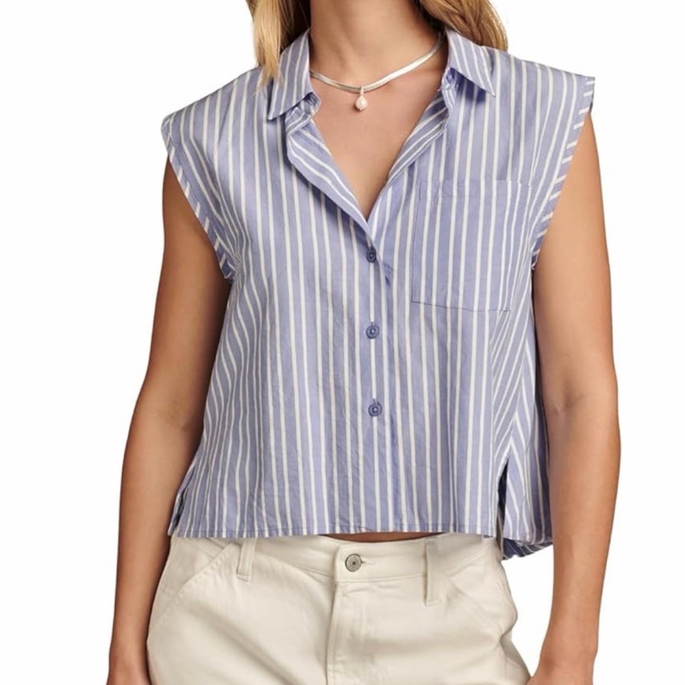 Lucky Brand Blue and White Striped Sleeveless Bubble Bottom Back top
